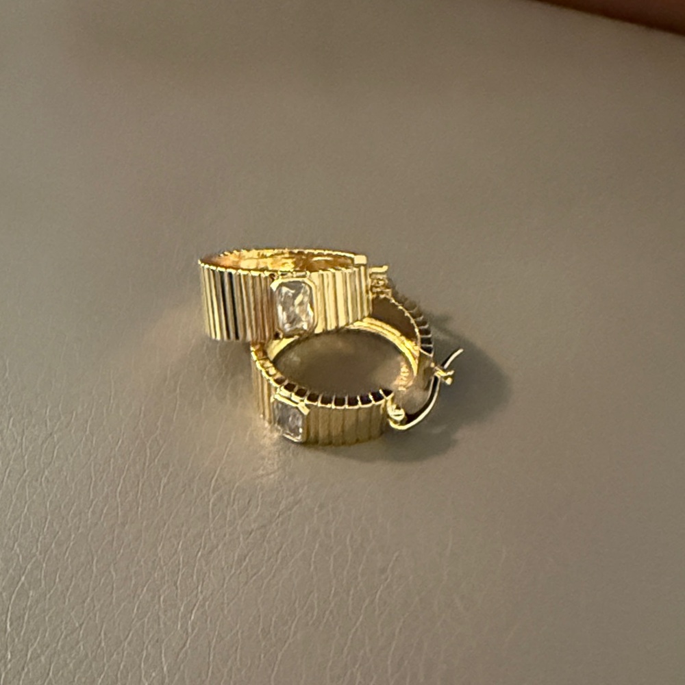 Gold Textured Hoop Earrings with Crystal Accents